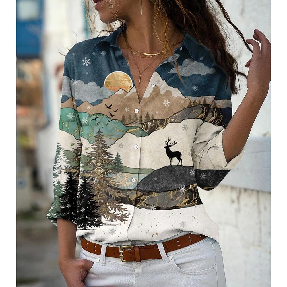 Four Seasons Women's Fashion Shirt New Printed Top Slim Fit Comfortable Women's Button V-neck Casual Loose Long Sleeve Shirt