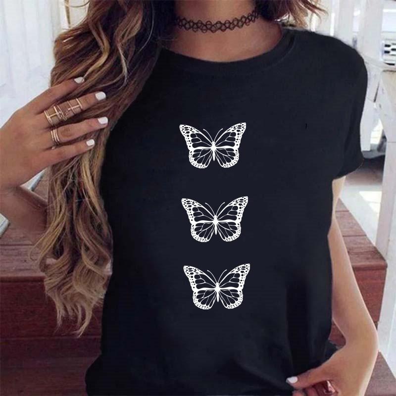 Women's Butterfly Tree Printed Harajuku Summer T-shirt Casual Round Neck Short Sleeve Top T-shirt Fashion Versatile Clothing