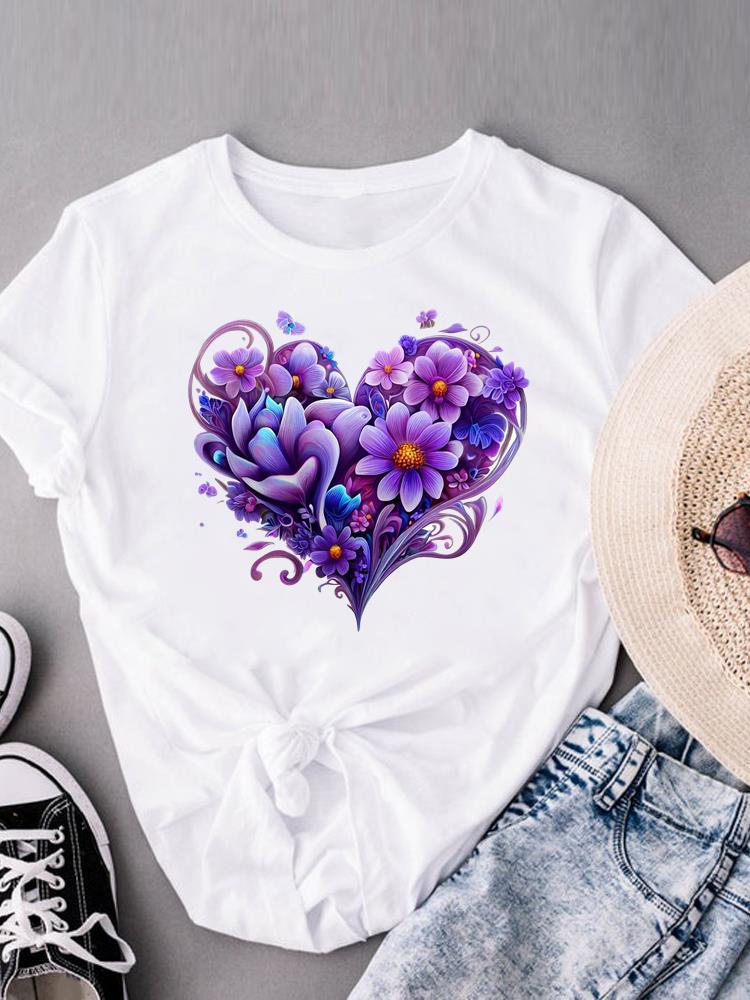 (Asian Size) Clothing Lovely Flower Style Trend Print Female Casual Short Sleeve Fashion T Women's Top Graphic Tee T-shirts