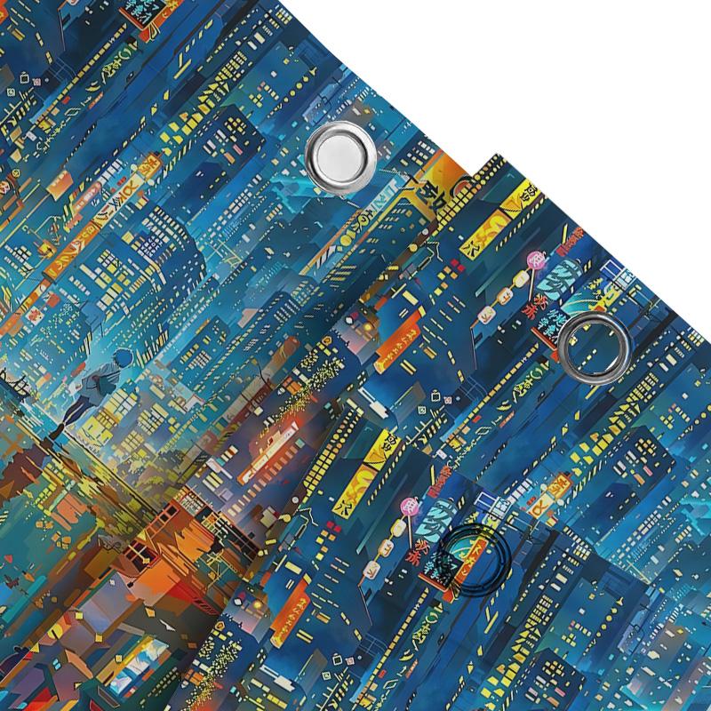 Cyberpunk City Night Shower Curtain Neon Lights Reflection Scenery Bathroom Decor For Stylish Home Upgrade Complimentary Hook