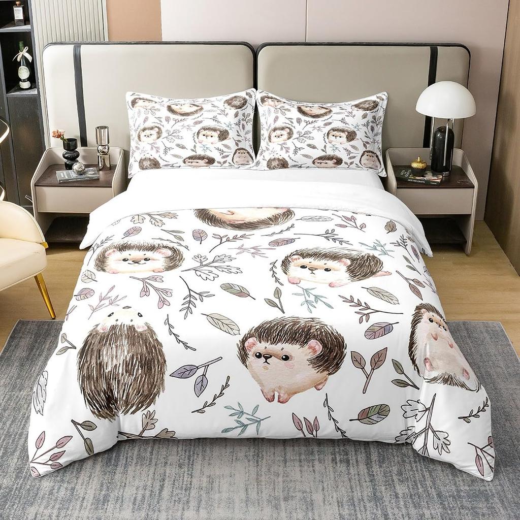 Kawaii Hedgehog Duvet Cover Set Green Cactus Plant Comforter Cover Boys Girls Adults Teens Cartoon Mushroom Bedding Sets 2/3 Pcs