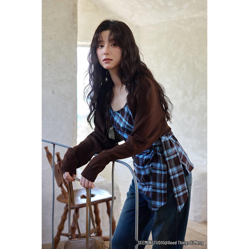 Xi Meng 2025 Корейский клетчатый комплект из рубашки и вязаного кардигана S