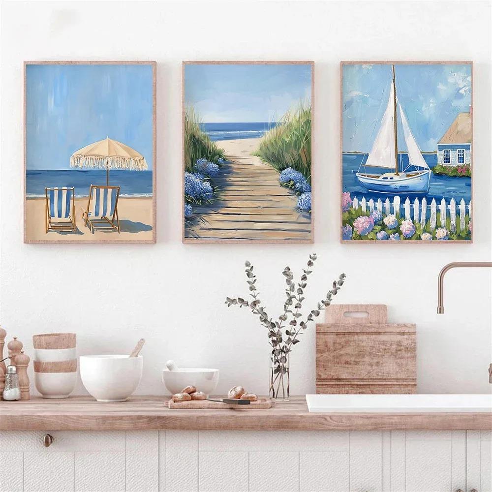 Blue Coastal Beach Seashell Sailboat Posters Prints Canvas Painting Wall Art Pictures Living Room Home Decor Cuadros