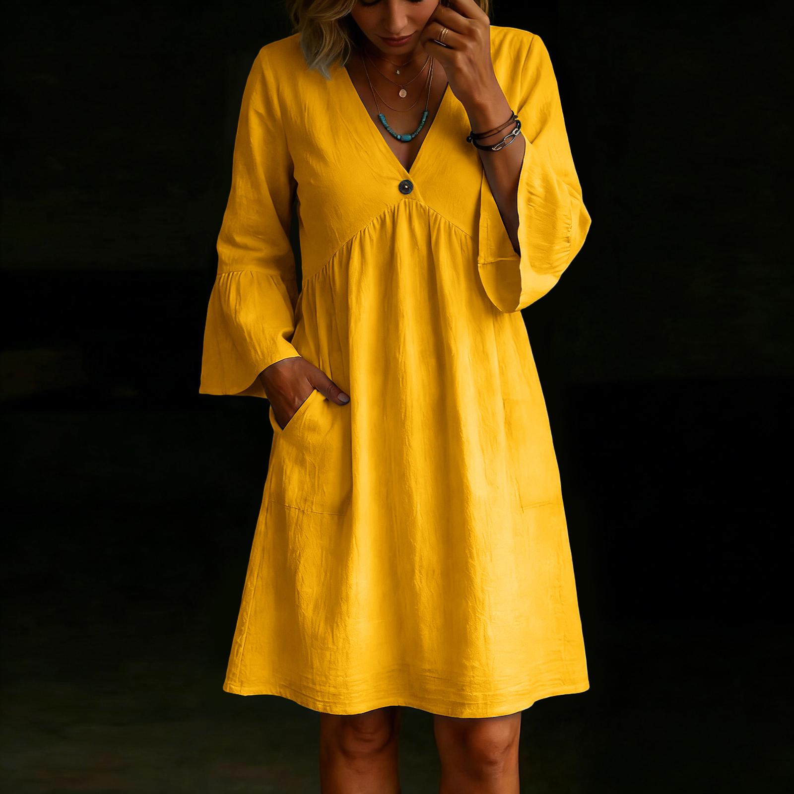 

Women s Fashionable Color Loose Button V-neck Long Sleeved Loose Dress XL жовтий