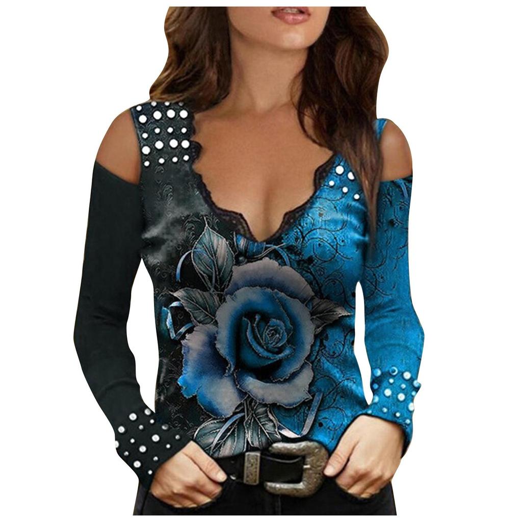 Women's Fashion Loose Print V-neck Off Shoulder Long Sleeve T-shirt Tops