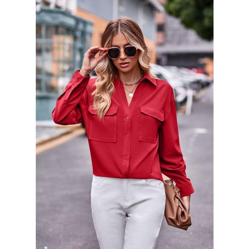 Women S Loose Fit Long Sleeve Shirt With Double Pockets Casual Fashion