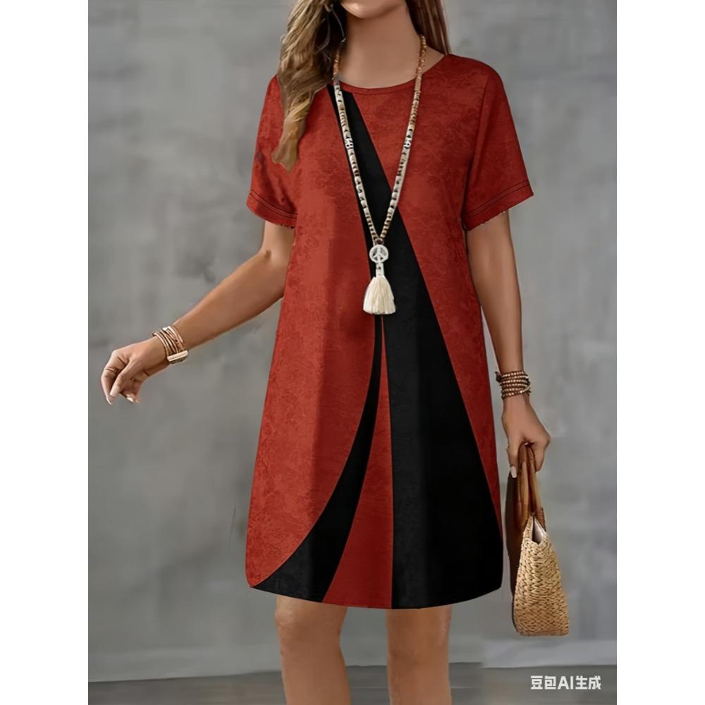 Short-sleeved round-neck striped pattern 3D printed women's fashionable mini dress
