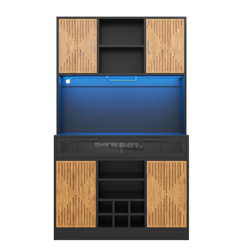 Küchenschrank, Hoher Vorratsschrank mit LED-Beleuchtung und Steckdosen, Glas-Klapptür, Glasablage und herausnehmbarer Weinregal, 105 × 40 × 180 cm