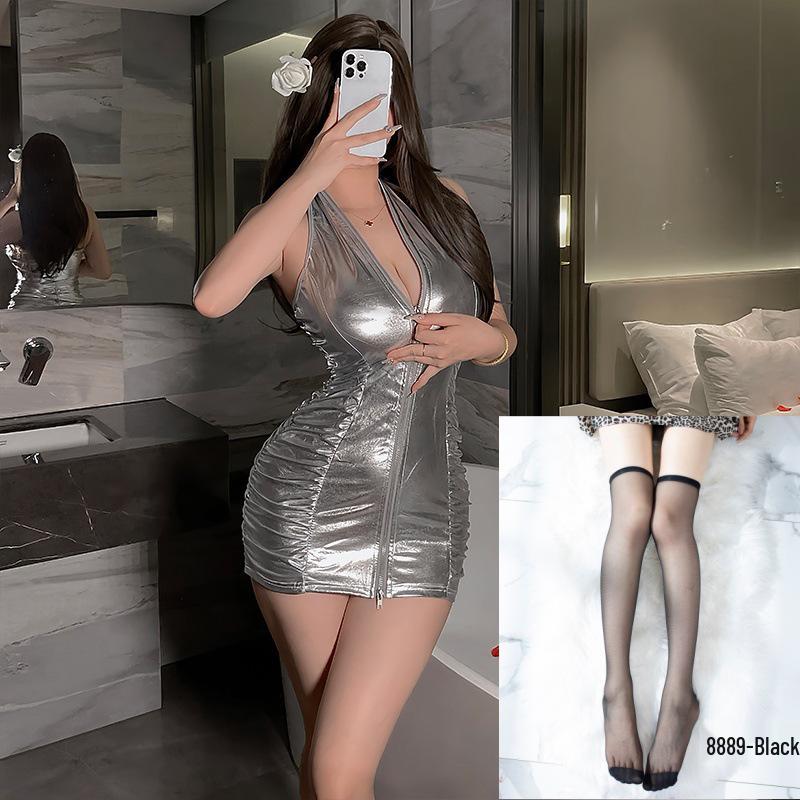 Flirty Plus Size Halter V-Neck Backless Silver Zipper Bodycon Mini Dress for Women