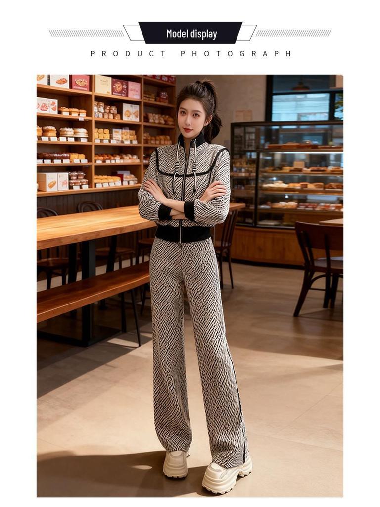 Women's European Style High-End Casual Sports Set: Spring Slimming Velvet Hoodie & Wide Leg Pants Two-Piece
