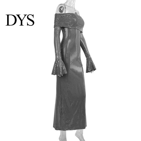Bodycon Paillettenkleid Damen Abend Bateau-Ausschnitt Schulterfrei Lange Ärmel Schimmerndes Formelles Kleid Bronzefarben Trägerlos Abiball Cocktailparty Maxi
