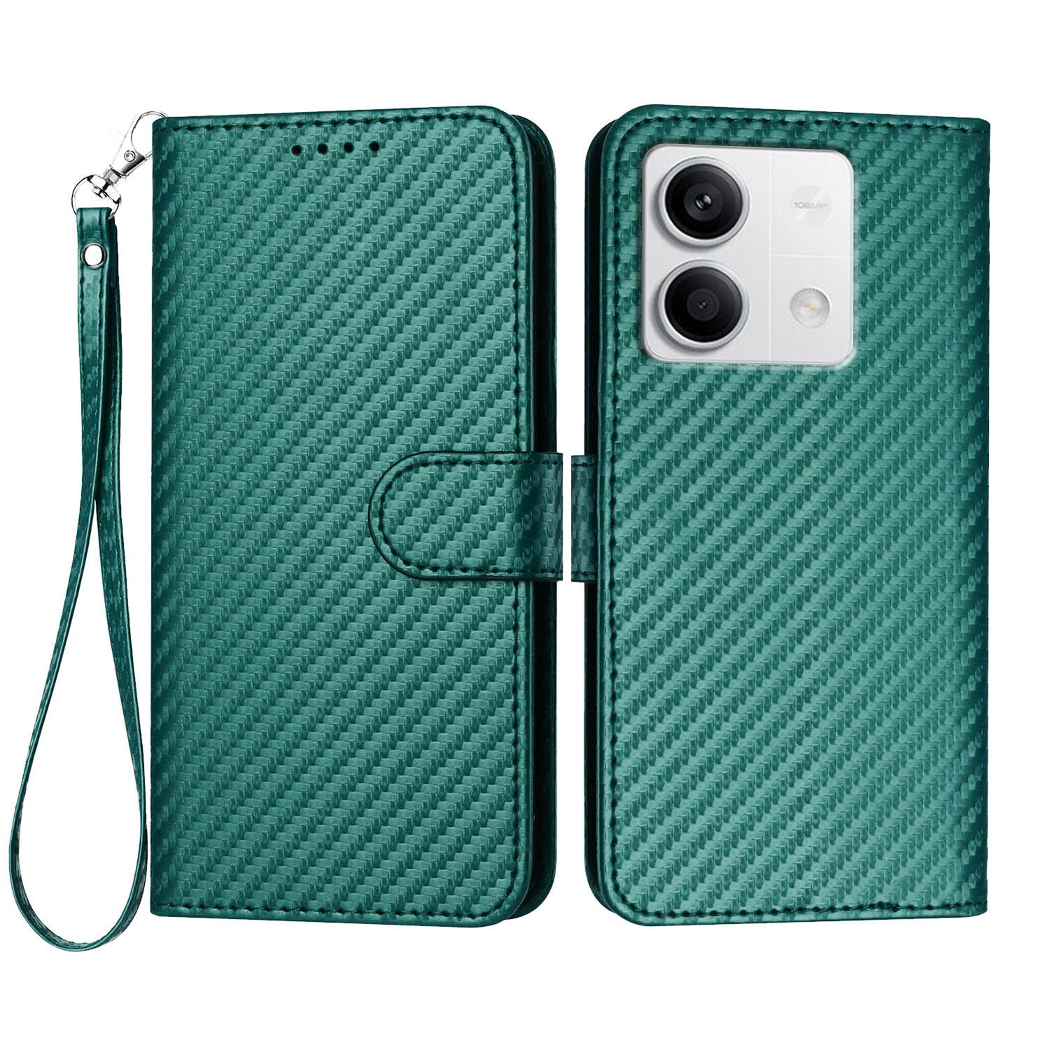 

For Xiaomi Redmi Note 13 5G (China)/Xiaomi Redmi Note 13 5G Wallet Case with Strap Carbon Fiber Texture Leather Mobile Cover Blackish Green