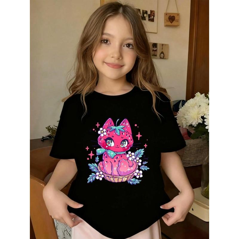 

European size Girls round neck short sleeved T-shirt with pink strawberry pattern 98cm чёрный
