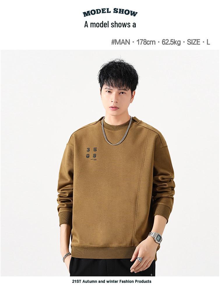 Men's Autumn Heavyweight Minimalist Double-Layer Collar Sweatshirt - Japanese Style, Spliced Round Neck, Trendy Loose Fit