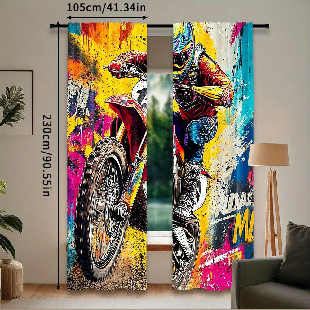 Off Road Motorcycle Style Color Blocking Art Printed Curtains Pole Bag Home Decoration Room Curtain Set Of 2 Modern Made Polyester Washable