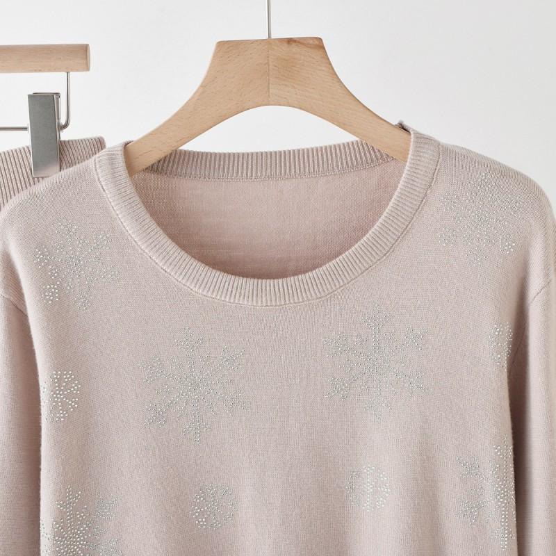 Womens Winter Knit Set: Round Neck Sweater With Rhinestone Embellishment Straight Leg Pants