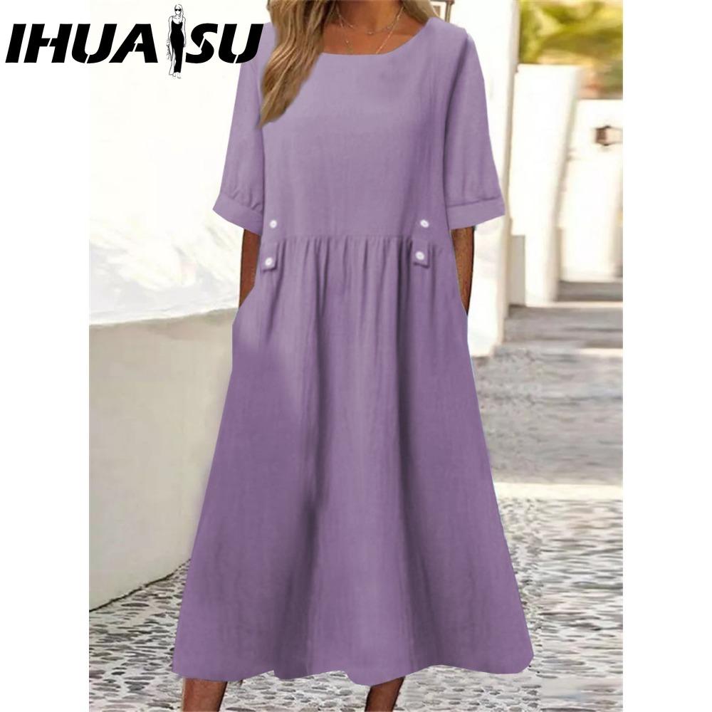 

IHUASU Женское миди-платье свободного кроя, двойные карманы, пуговичная отделка, круглый вырез, короткий рукав, летнее бохо-платье для работы XXXL фиолетовый