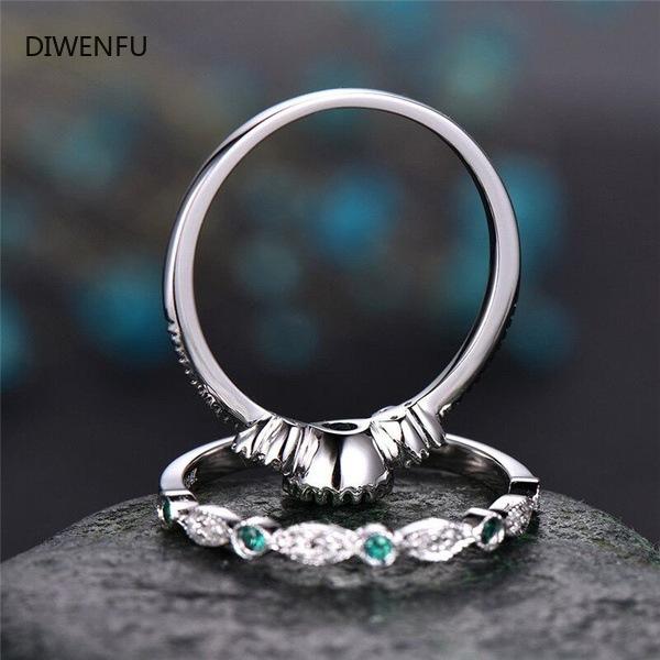 925 Silver 2pc Set Jewelry Sparkling Perfect Blue Green Round Cut Zircon Stone Rings for Women Engagement Engagement Ring Gift