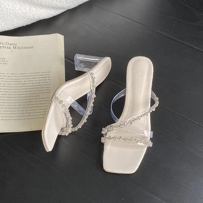 Ein Wort mit Kristall-Sandalen dicker Absatz hohe Absätze Internet-Berühmtheit transparent Strass-Slipper Damen Freizeitkleidung 2025 Herbst neu