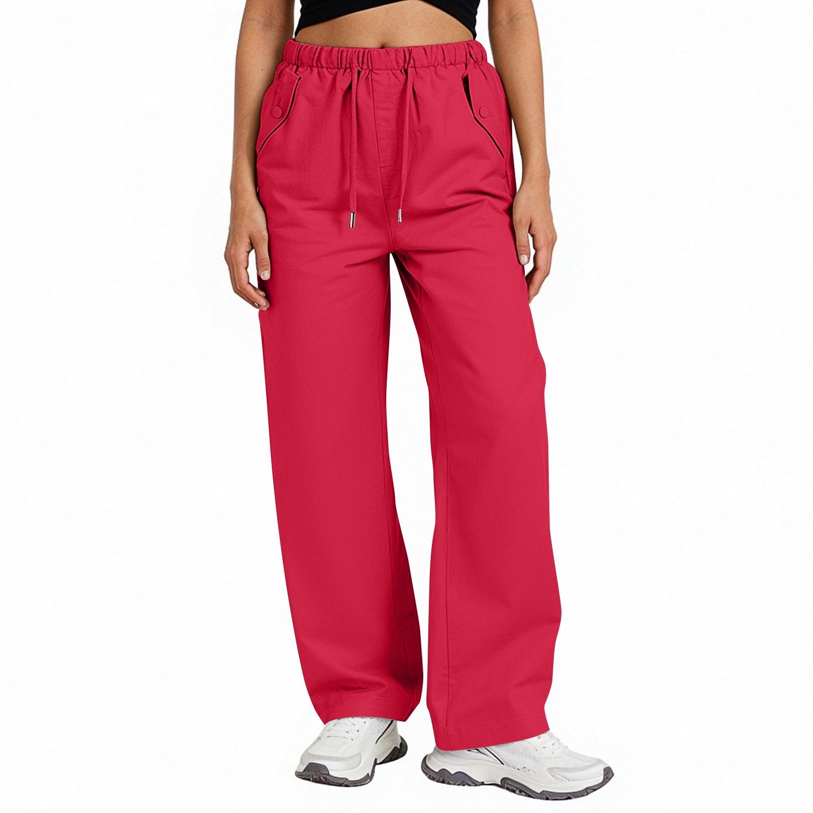 

Женские спортивные брюки повседневные свободные однотонные с высокой посадкой и карманами XL красный