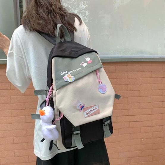 Încântător cu pandantiv de rață ghiozdan impermeabil, insigne drăguțe pentru fete, rucsac din nailon, în stil preppy, rucsac de culoare contrastantă, versatil