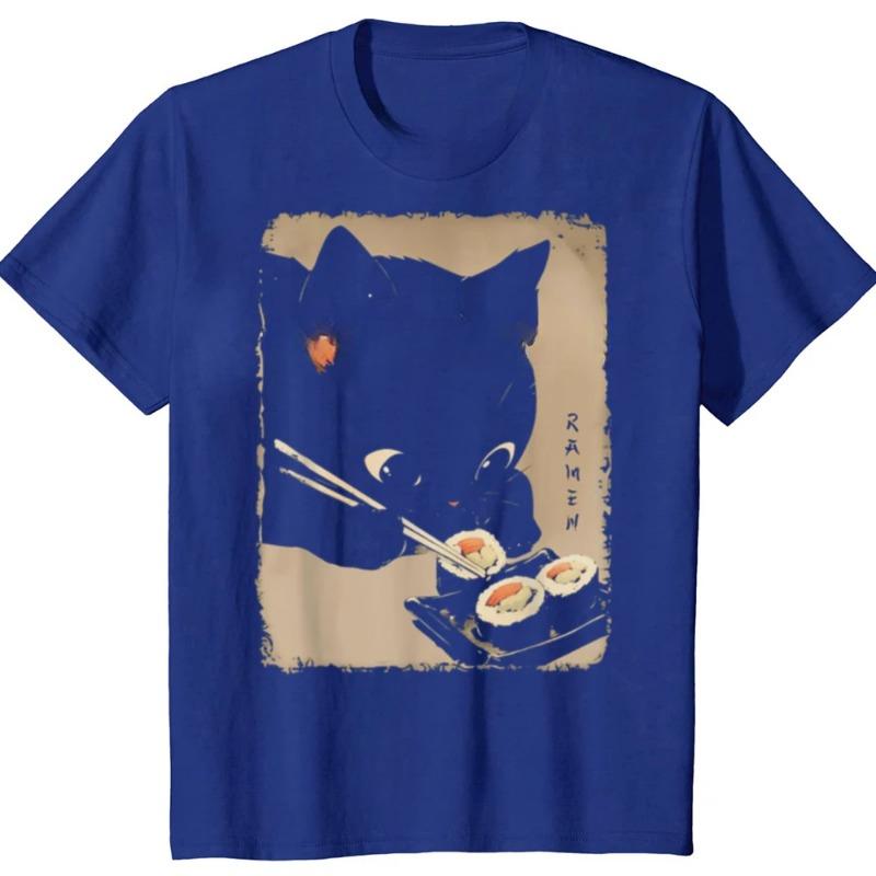 Kawaii Cat Eating Sushi Funny Japanese Anime Cute Graphic T-shirts Men Fashion Casual Tshirt 100% Cotton Loose Oversized T-Shirts Women’s