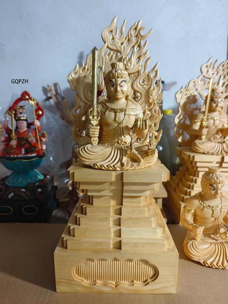 Buddhist Wood Total Height Carving Made from Cypress Warding Off Bringing Good Luck Statue, Carving, Acala, 34.5 Cm, High-quality Wood, Evil, (wooden