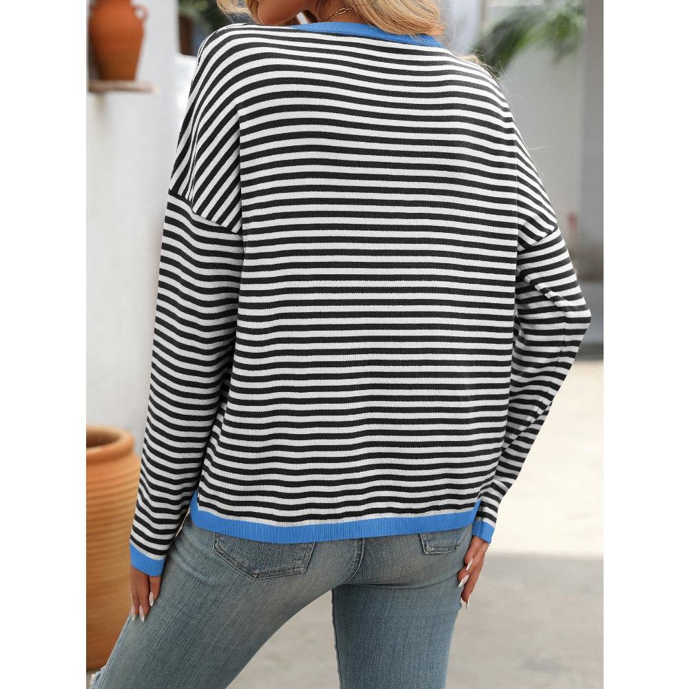 Autumn and Winter Round Neck Striped Contrasting Long Sleeved Casual Women's Sweaters