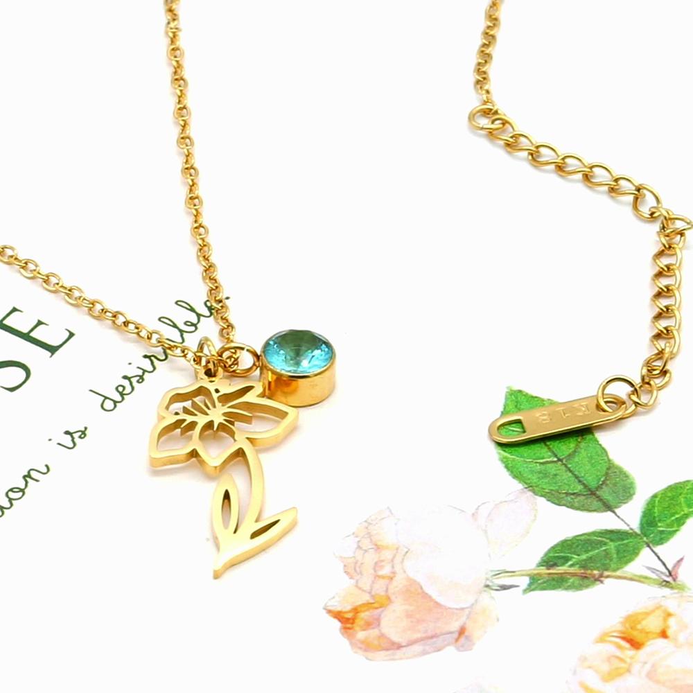 Birth Month Flower Pendant, Rose Flower Necklace Charms Set Stainless Steel