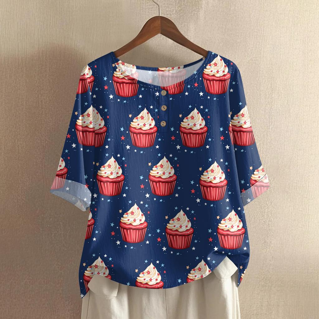 Women's Fashionable And Casual Shirt Half-sleeve Round Neck Print Cotton And Linen Blouse Top