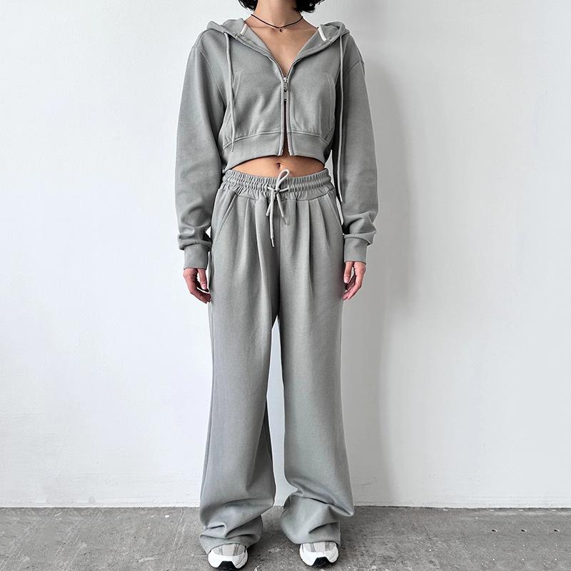 2025 Autumn Women's Casual Solid Color Zip-Up Hoodie & Drawstring Sweatpants Set
