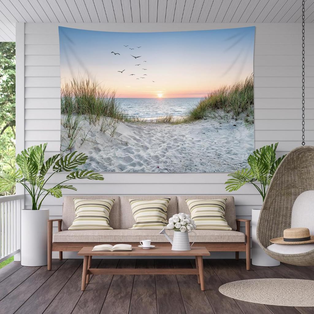 Ocean Beach Tapestry Wall Hanging, Sunset Seabird and Beach with Grass Wall Tapestry Natural Landscape Tapestries for Bedr