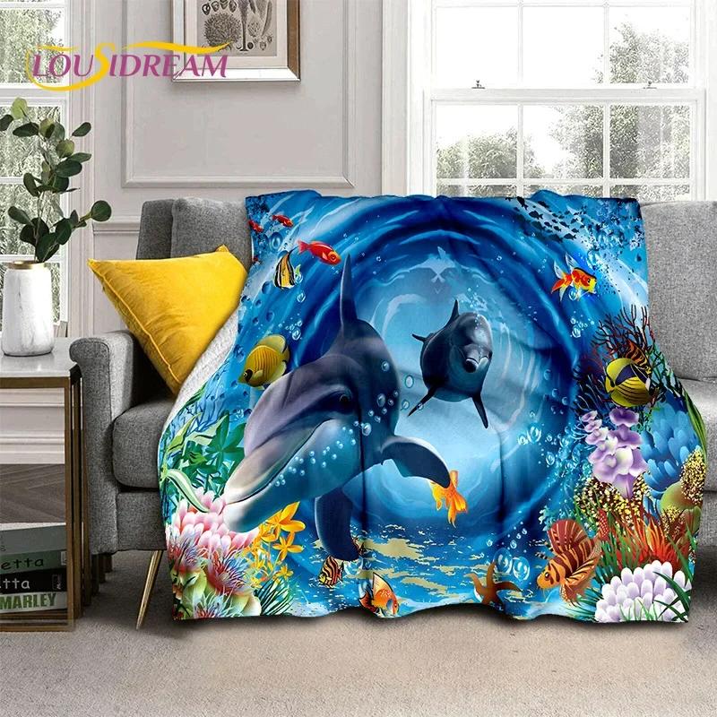 3D Illusion Underwater World Seabed Shark Dolphin Soft Flannel Blanket for Beds Bedroom Sofa Picnic,Throw Blanket Outdoors Gifts