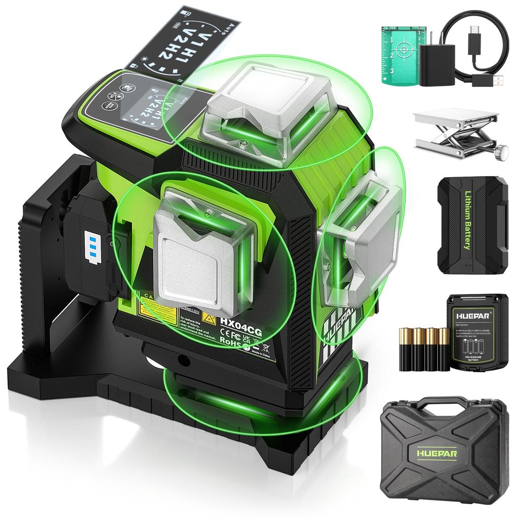 Huepar HX04CG Laser 4D Green Line Level with LCD Pulse 4 Levels of Laser Brightness 4x360 Cross Lines Includes Magnetic Base and Hard Case Gift for