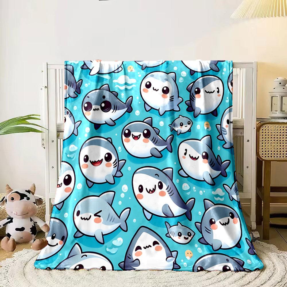 Cute Cartoon Sharks Pattern Print Blanket Soft and Cozy Perfect for the Living Room Bed Sofa or a Nap,gift