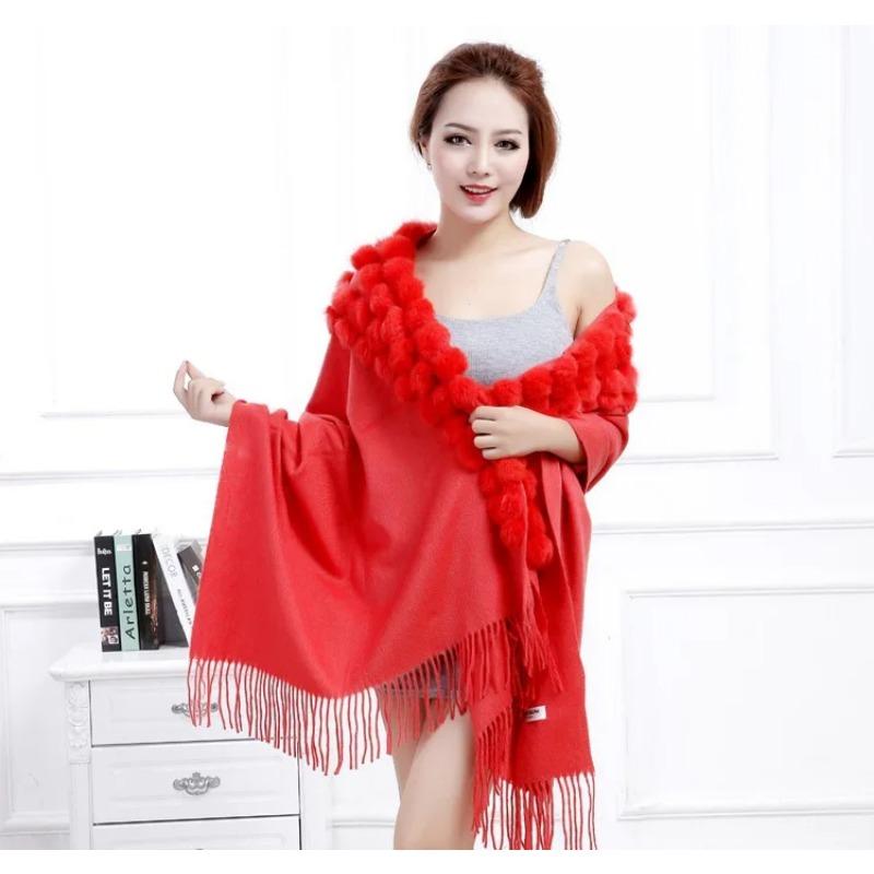 20 Colors Triangle Real Rabbit Fur Ball Shawl Wraps Winter Women Cashmere Tassel Cape Pompon Cloak Lady Mum Gift Casaco Feminino