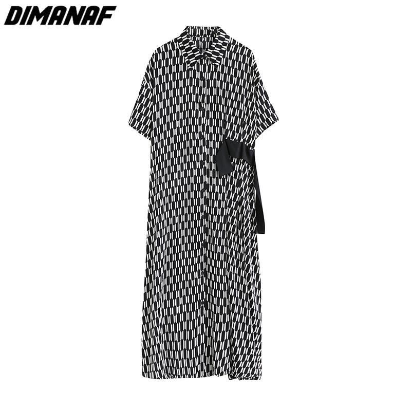 Dimanaf Plus Size Dress Women 2023 New Summer Style Shirt Dresses Striped O-Neck Loose Dresses New