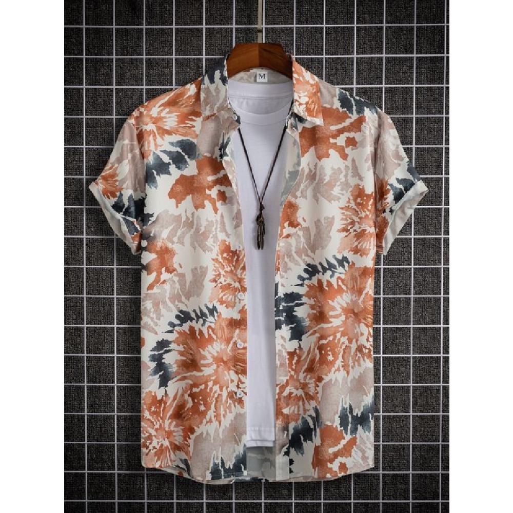 Sommer Herren Retro Bedrucktes Muster Kurzarm Revers Knopf Mode Lässig Mantel Hemd Übergroße Kleidung