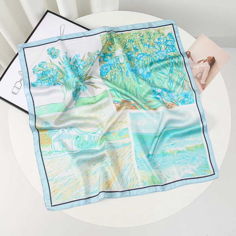 Suhang green oil painting satin scarf small square scarf women's landscape printing neck jewelry neck silk scarf scarf high sense
