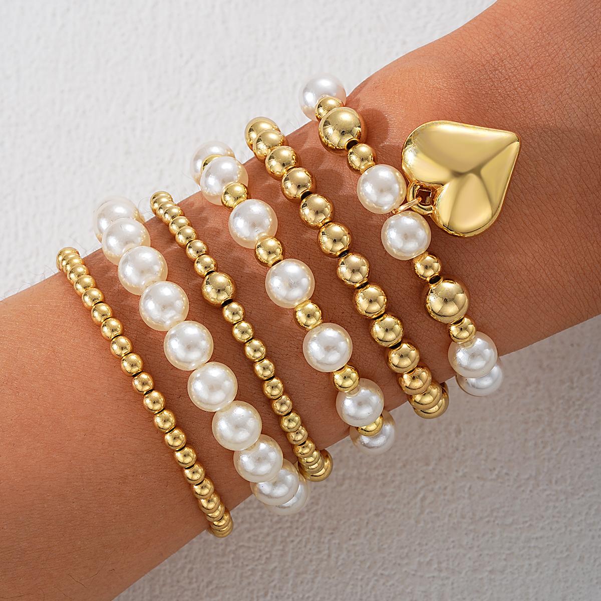

6Pcs/Set Chic Heart Imitation Pearl Beads Bracelets for Women Vintage Exquisite Gold White Color Bracelets Fashion Jewelry Gifts