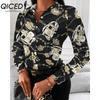 QICED Women's Fashion Casual Solid Color Print Long Sleeve POLO Neck Blouses & Shirts