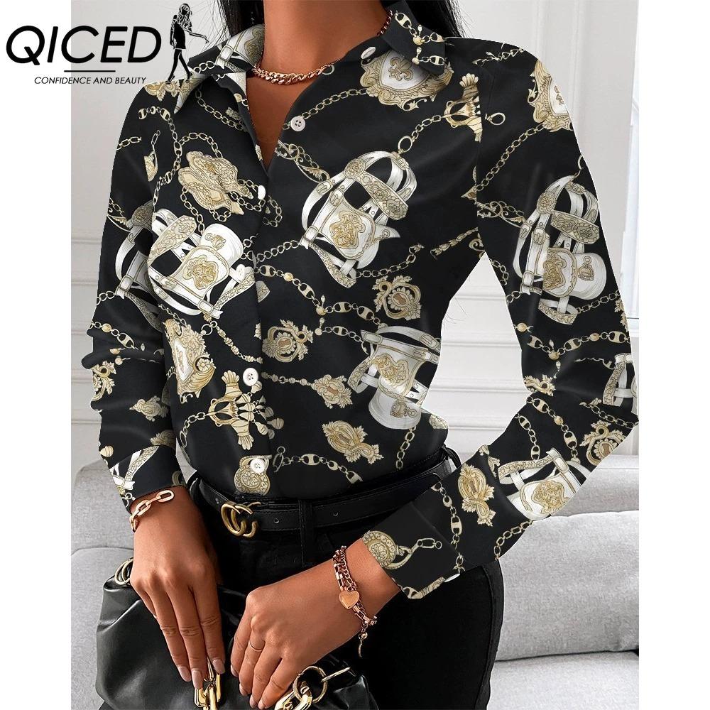 QICED Women's Fashion Casual Solid Color Print Long Sleeve POLO Neck Blouses & Shirts