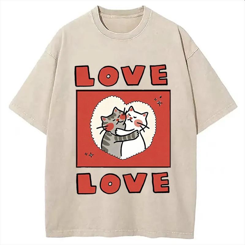 

Valentine Days Washed Couple T-Shirt Loose Short Sleeve O-Neck Cotton Tee Oversized Love Car Printed Heavyweight Clothing 3XL