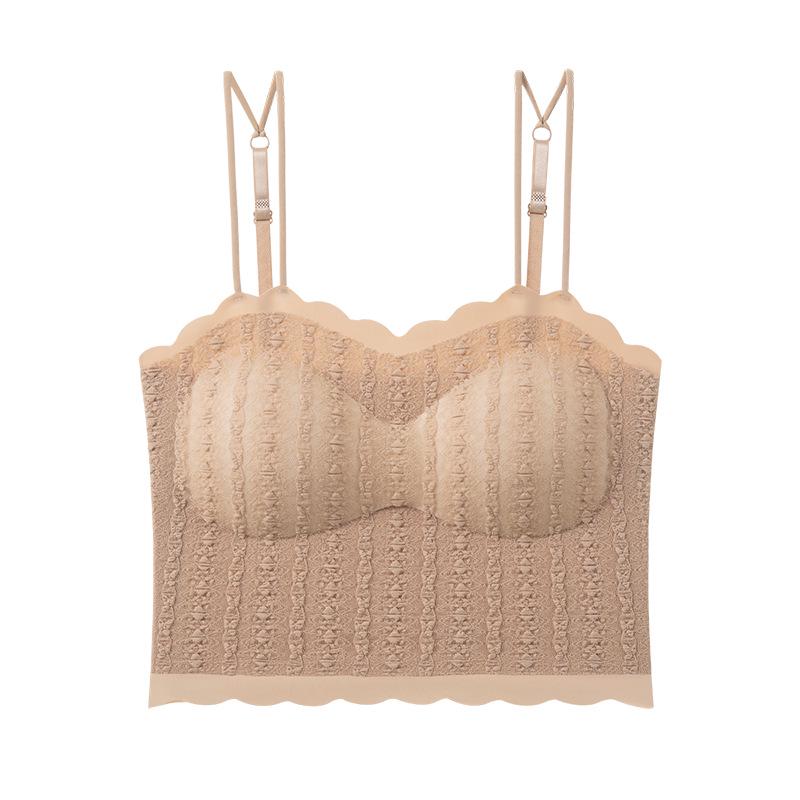 

Trending Girls Bubble Lace Camisole with Chest Pads - Strapless Bodycon Mid-Length Layered Vest One Size телесный