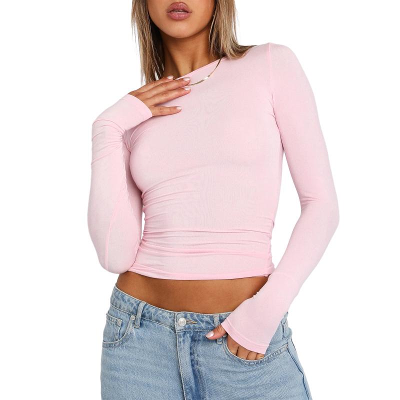 Women's Versatile Irregular Slim-fit Bottoming Top T-shirt Round Neck Solid Color Slim-fit Long Sleeves