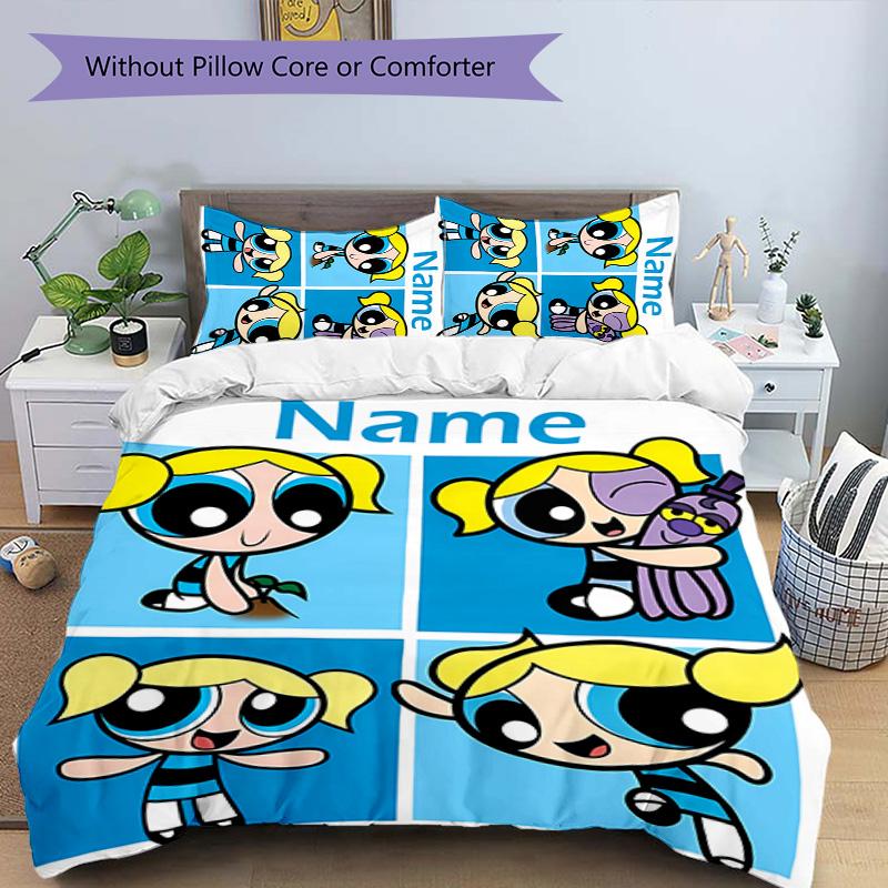 3pcs The Powerpuff Girls5 Cover Set - Personalized Name, HD Printed Bedding with 1 Cover and 2 Pillowcases - Perfect for Home Decor, Easy Care