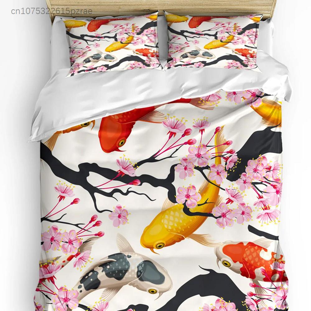 Set Biancheria da Letto Stile Giapponese Gru Fiori di Ciliegio Vintage 3 Pezzi per Letto Matrimoniale Tessili per la Casa Copripiumino Coperta Federa