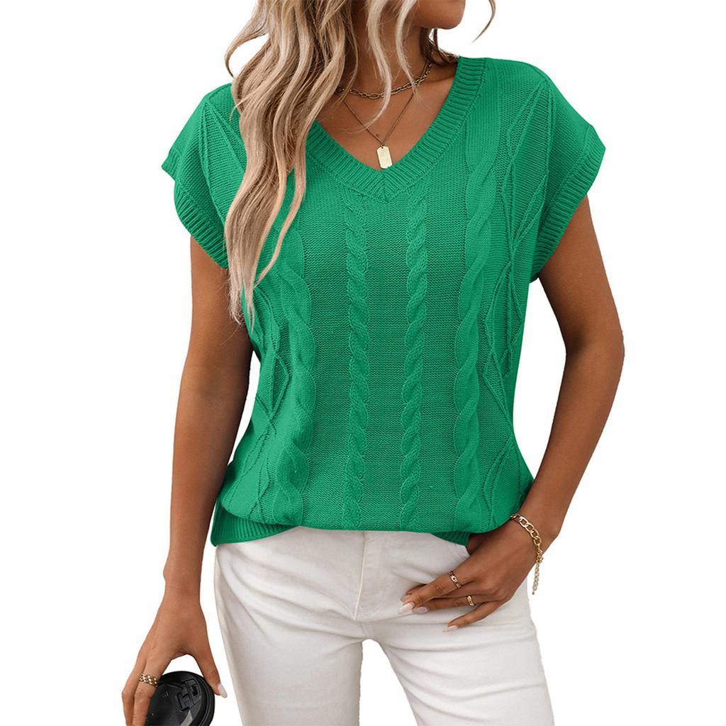 Women's Fashionable Solid Color V Neck  Short Sleeved Pullover T-shirt Top