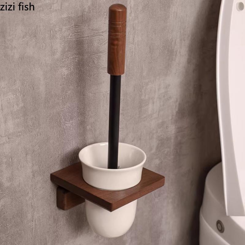 Porte-brosses à WC Salle de bain Bois Brosses à WC Base en Céramique Sans perçage Mural Ensemble de brosses de nettoyage Porte-brosses pour toilettes