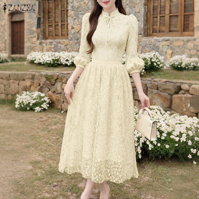 ZANZEA Women Casual Stand Collar Loose Long Sleeve Patchwork Lace Dress